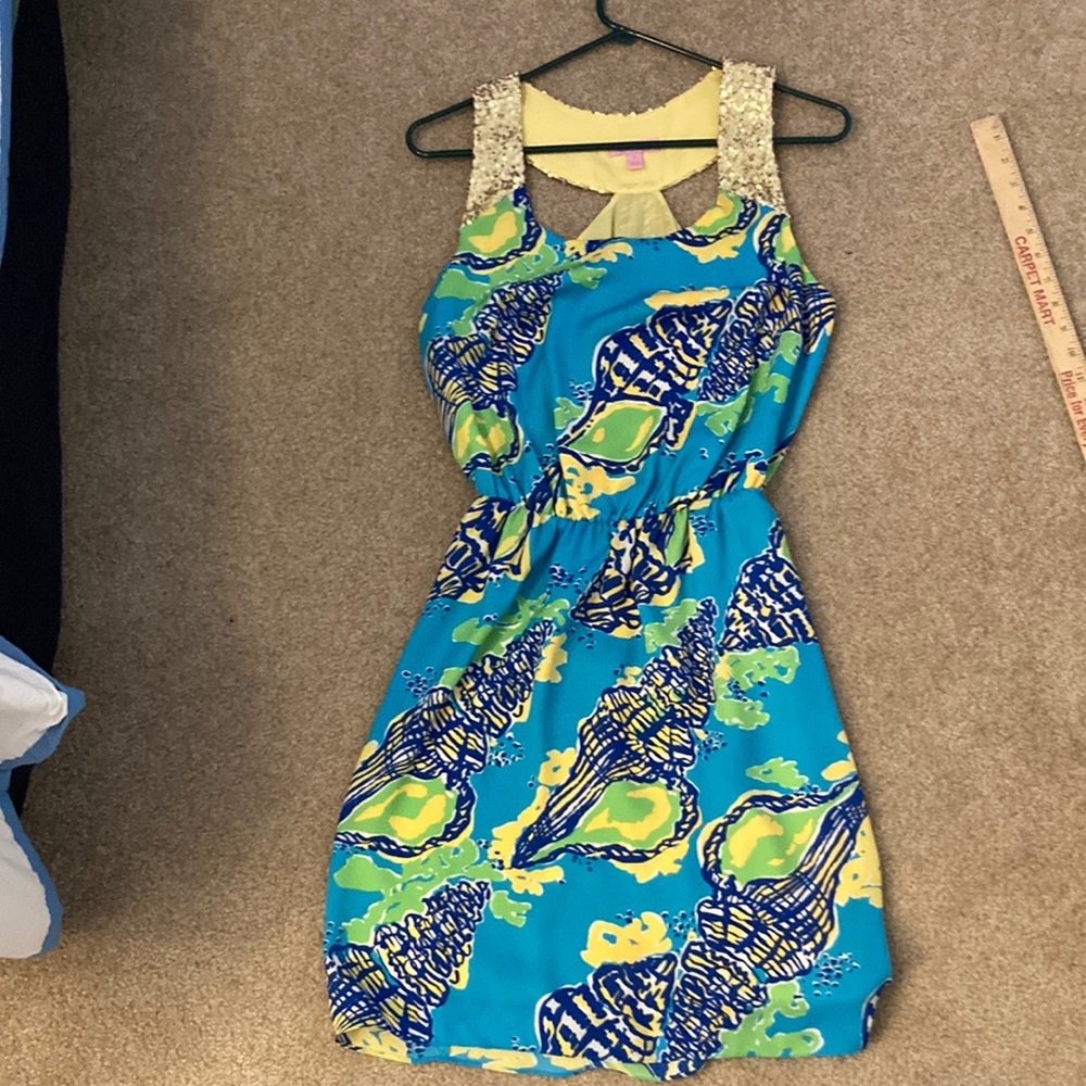 Lilly Pulitzer sleeveless dress with gold sequin collar, size S.